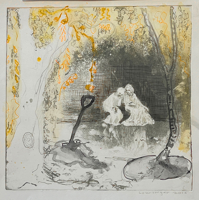 LESLIE LOWINGER - CONVERSATION WITH SHOVEL - MIXED MEDIA ON PAPER - 12 x 12 - ETCHING AND DRAWING