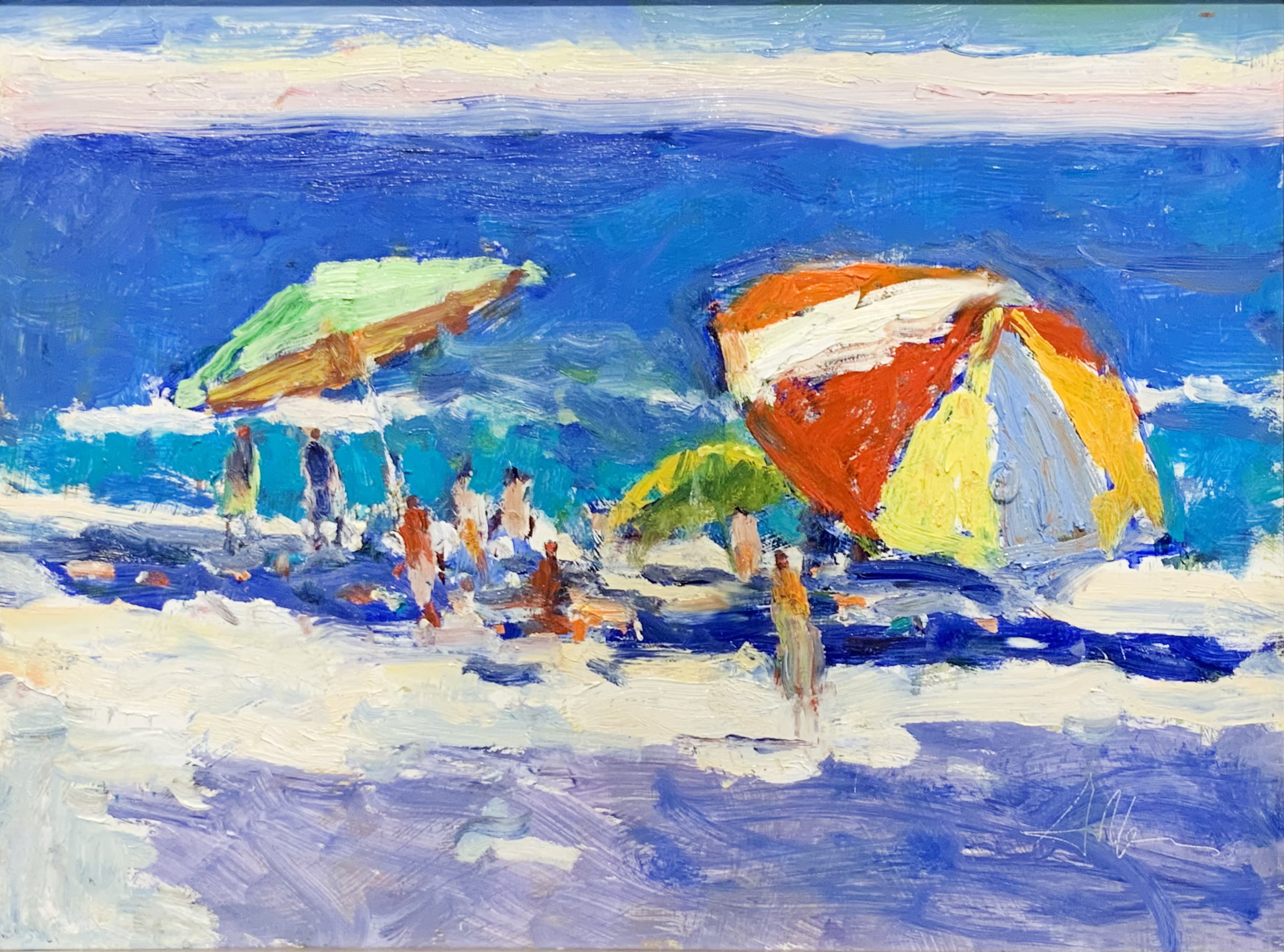 BERNIE ANDERSON - DOHENY BEACH UMBRELLA BERNIE ANDERSON - DOHENY BEACH UMBRELLA - OIL ON BOARD - 24 X 18