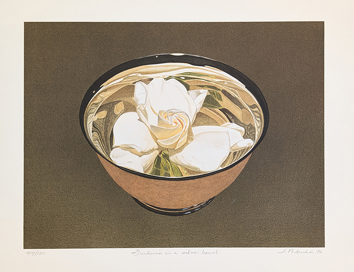 JOHN ARBUCKLE - GARDENIA IN SILVER BOWL - LITHOGRAPH - 16 X 12