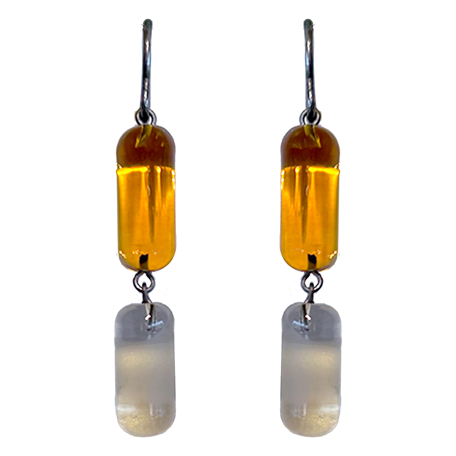 KRISTA BERMEO - DOUBLE BAR DANGLES AMBER & GRAY W/ STERLING EAR HOOKS - GLASS