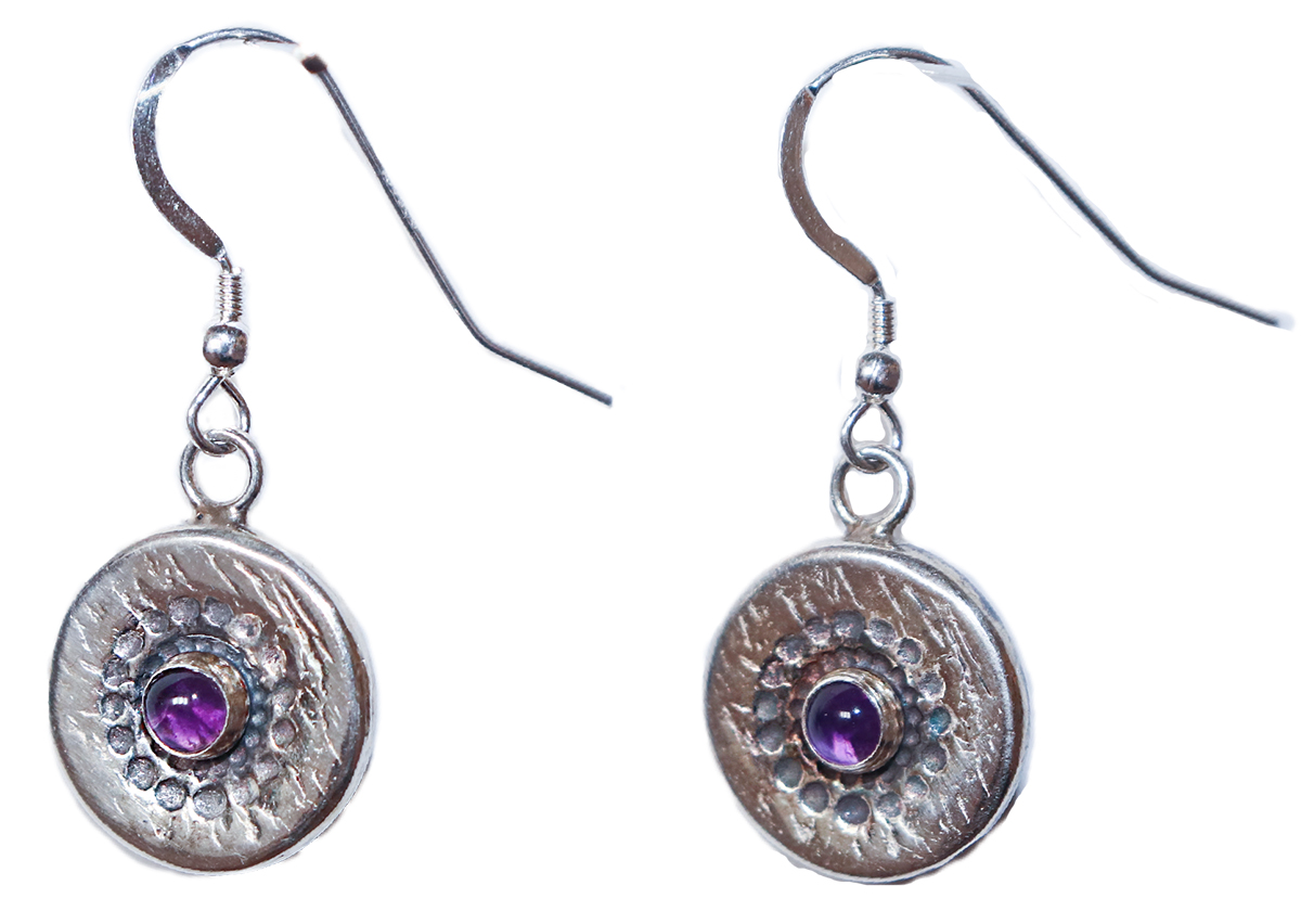 MICHELENE BERKEY - STERLING SILVER TEXTURED COIN EARRINGS WITH AMETHYSTS - STERLING SILVER