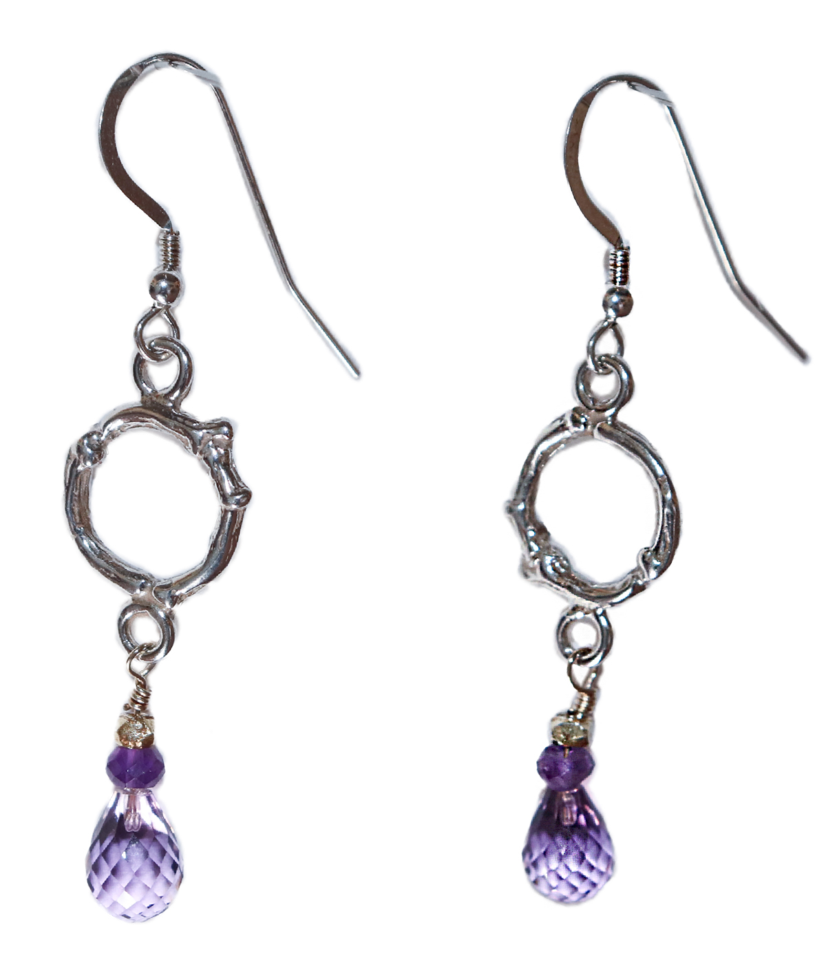 MICHELENE BERKEY - STERLING SILVER & 14K GOLD TWIG HOOP EARRINGS WITH AMETHYST DROPS - SILVER & GOLD