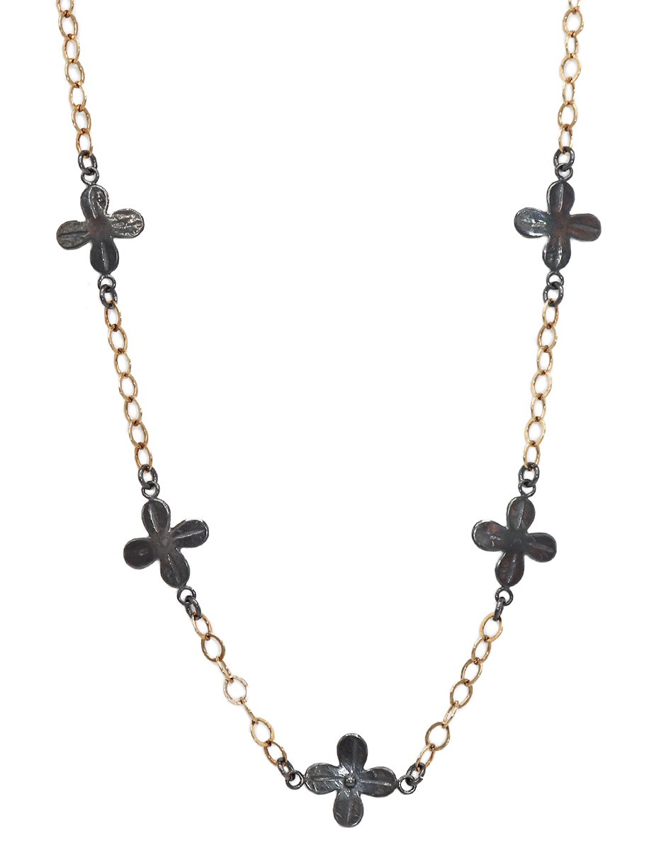 MICHELENE BERKEY - GOLD FILL CHAIN NECKLACE WITH OXIDIZED STERLING SILVER FLOWERS - SILVER & GOLD - 22"