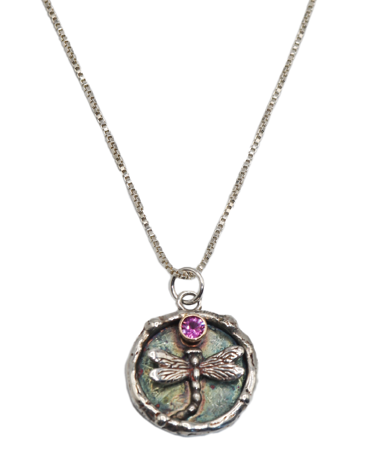 MICHELENE BERKEY - TWIG DISC W/ DRAGONFLY & PINK SAPPHIRE IN 14K GOLD SETTING - STERLING & GEMSTONE