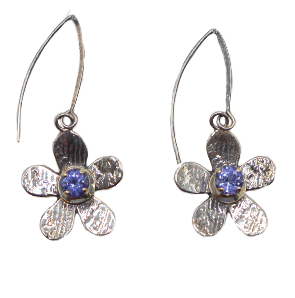 MICHELENE BERKEY - TANZANITE SET IN 14K G FLOWER EARRING - STERLING & GEMSTONE