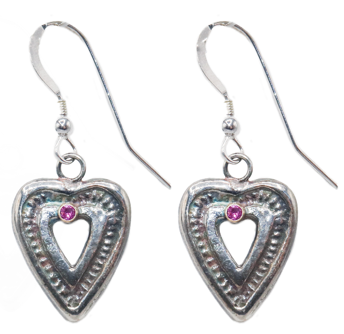 MICHELENE BERKEY - ANTIQUE STYLE HEART EARRINGS STERLING SILVER W/ PINK SAPPHIRE - STERLING/ 14K / GEMSTONE