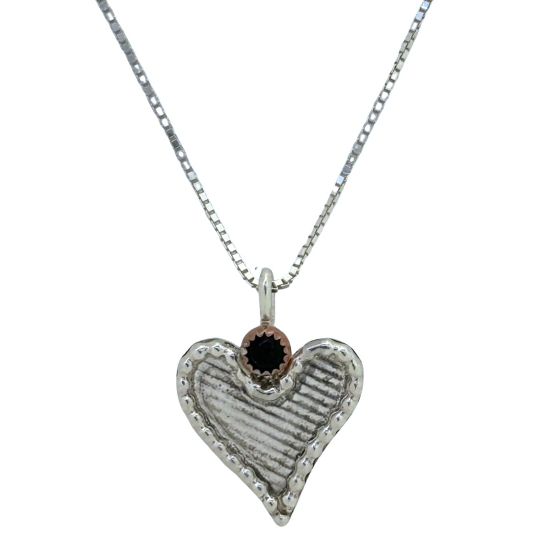 MICHELENE BERKEY - DOTTED EDGE HEART W/ COPPER & ONYX NECKLACE - STERLING & GEMSTONE