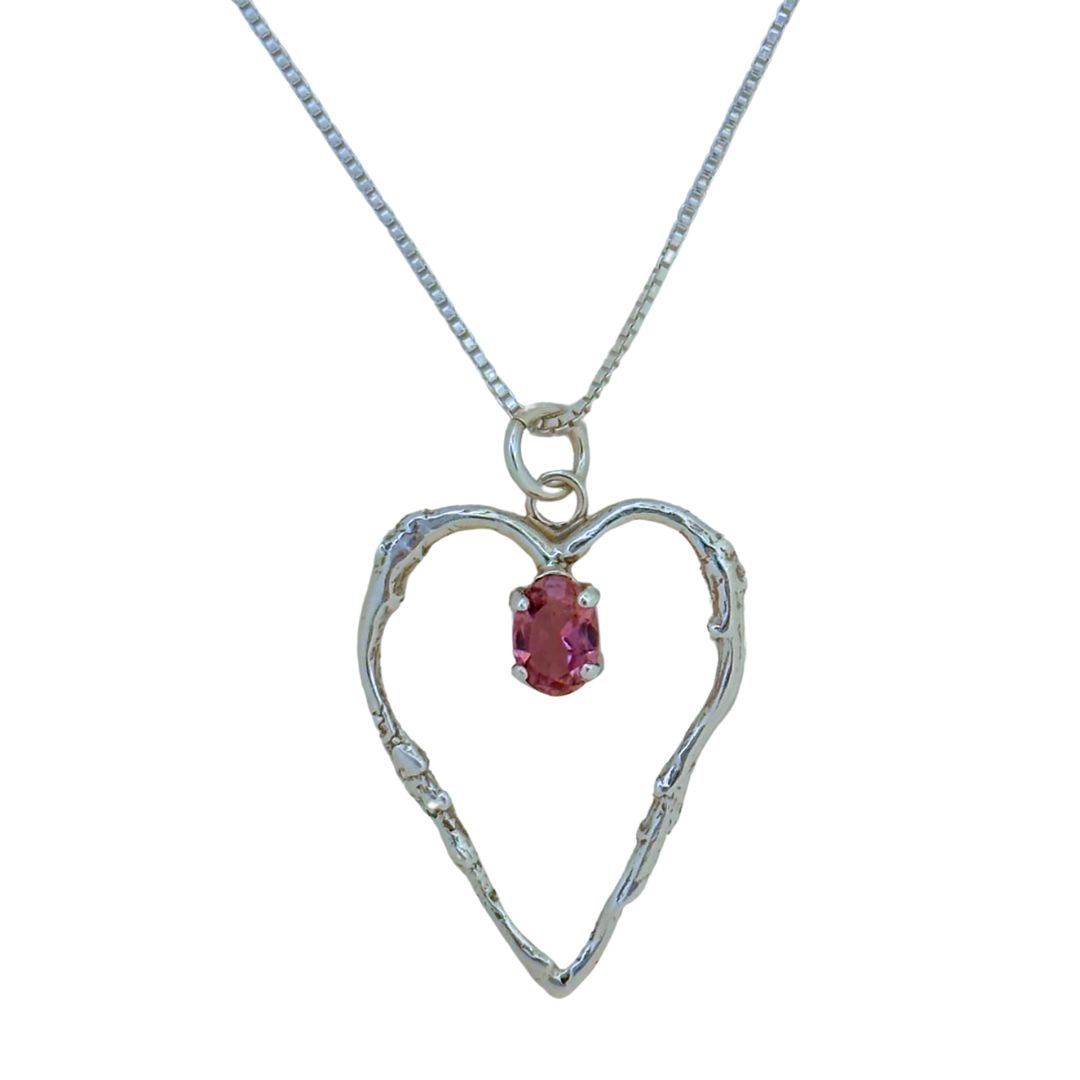 MICHELENE BERKEY - SILVER TWIG HEART NECKLACE W/ PINK TOURMALINE - STERLING & GEMSTONE