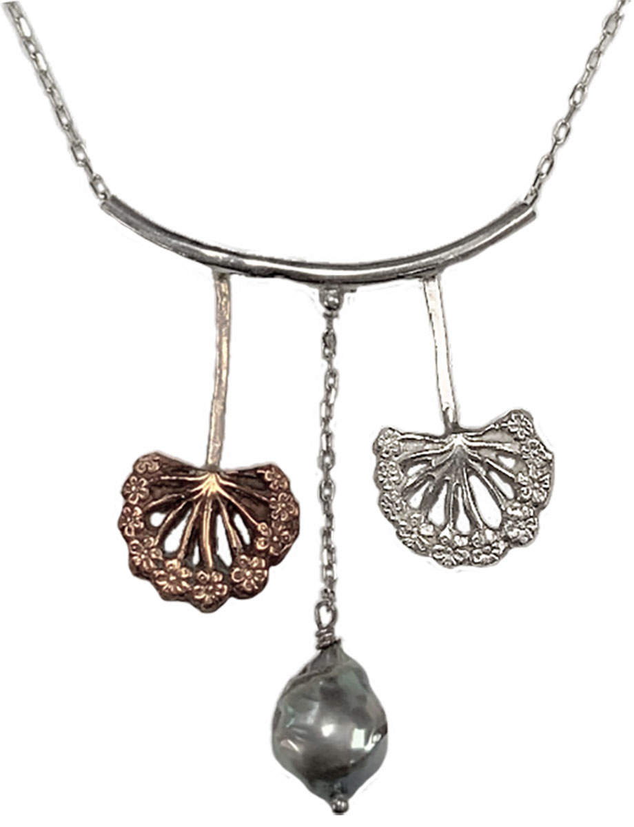 HOURI BORJIAN - SILVER & BRONZE DANDELION NECKLACE W/ FRESH WATER PEARL - MIXED MEDIA