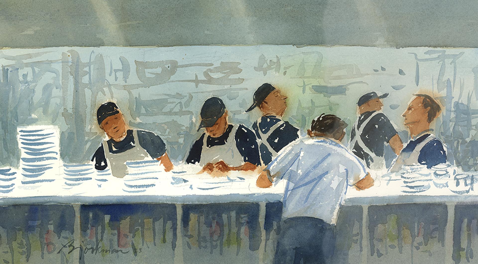 STEVE BJORKMAN - TRUE FOODS, FRIDAY NIGHT - WATERCOLOR - 20 x 11
