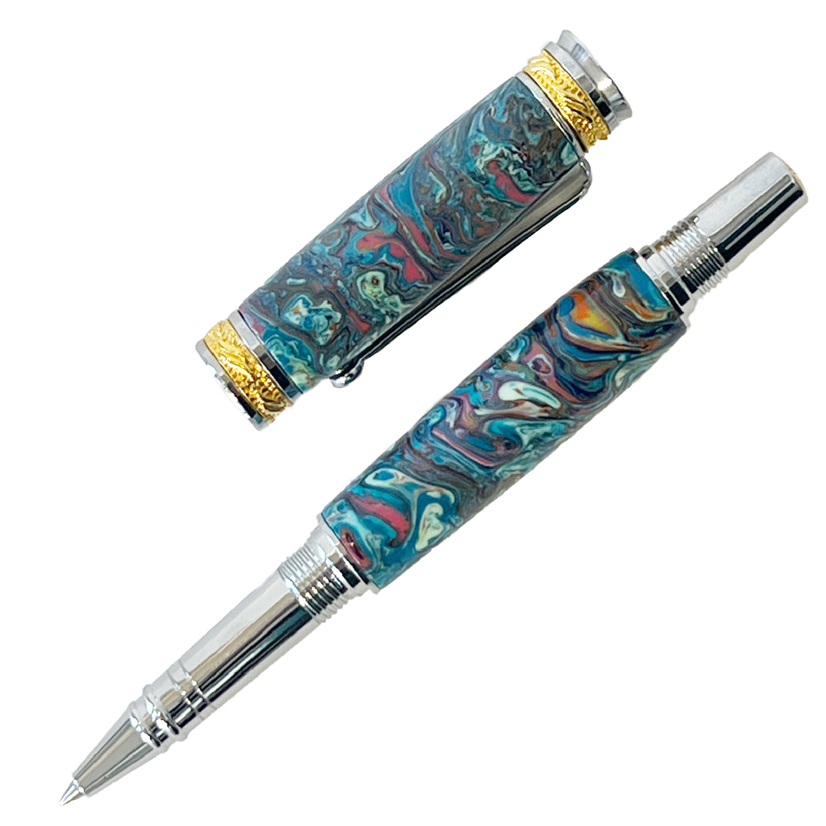 TOM BORUSKY - OCEAN CURRENTS TEAL/PINK MAJESTIC ROLLER BALL PEN - RESIN