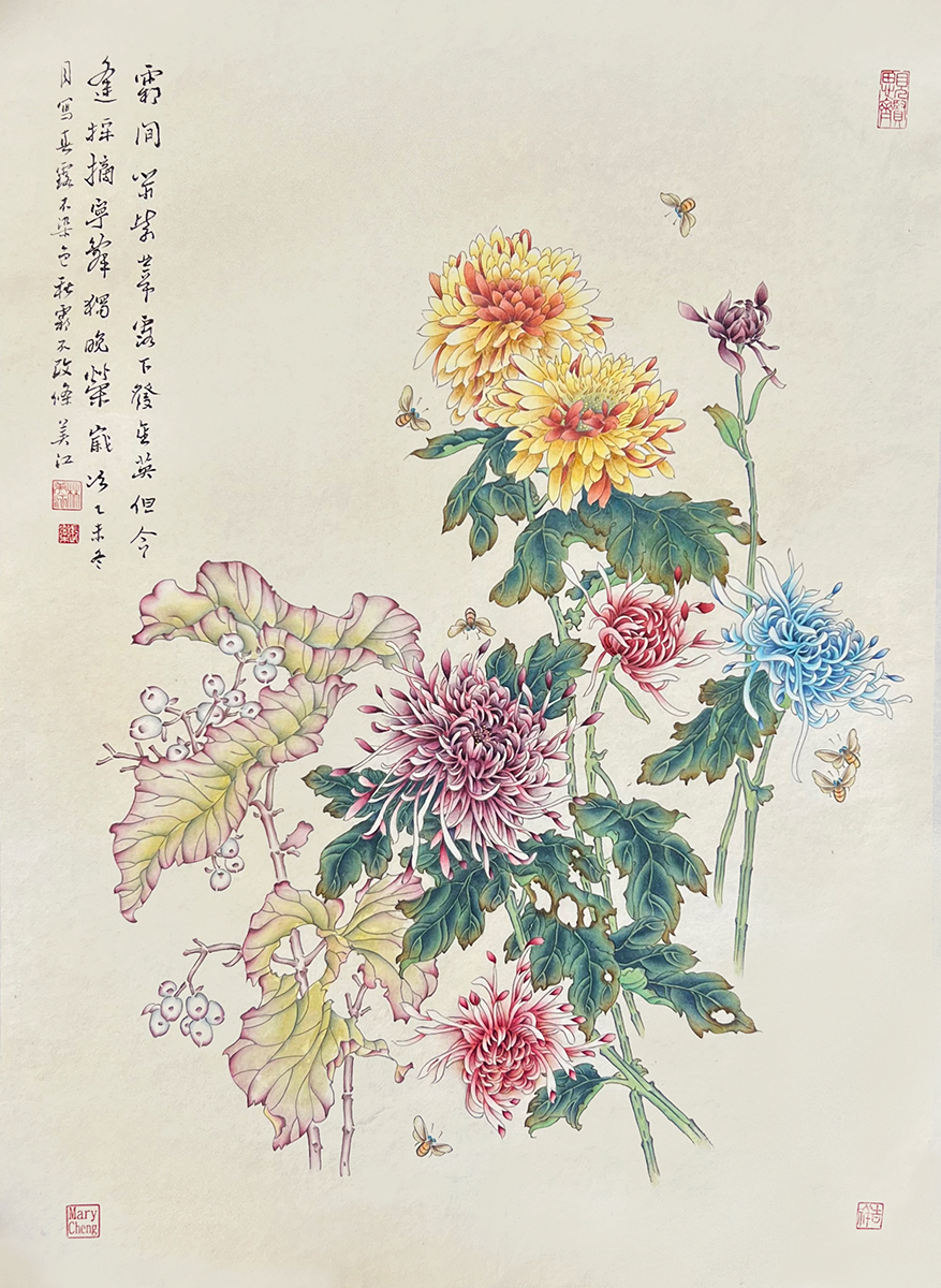 MARY CHENG - CHRYSANTHEMUMS - WATERCOLOR - 19.5 X 27