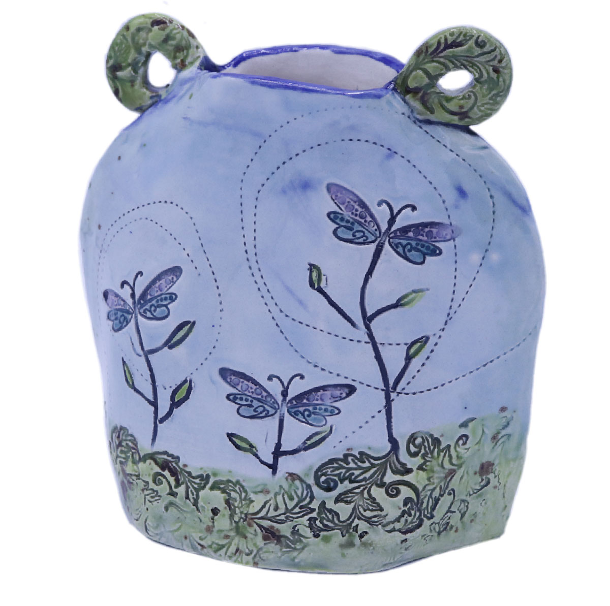 MARIA COUNTS - BLUE OVAL VASE W/ THREE PURPLE/BLUE FLOWERS ON FRONT AND BACK - CERAMIC - 6 X 6 1/4 X 3 1/2