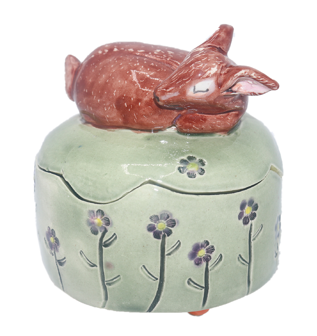 MARIA COUNTS - LIDDED BOWL WITH FAWN - CERAMIC - 3.25 x 3.5 x 3.25