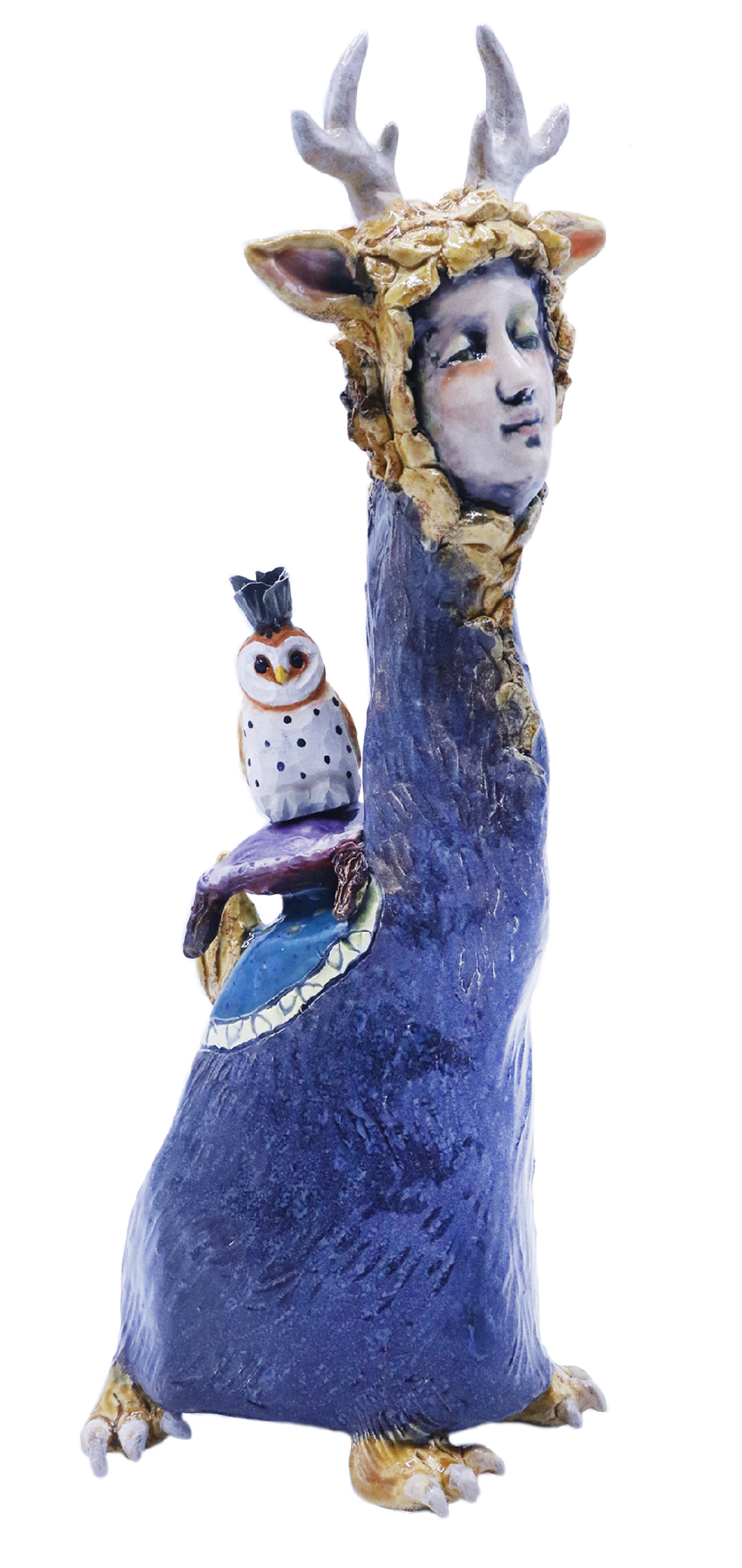 MARIA COUNTS - SNOWY OWL GOING FOR A RIDE - CERAMIC - 3.5 X 12.5 X 4