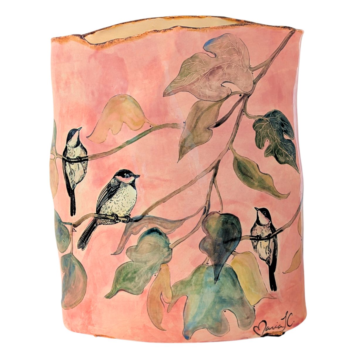 MARIA COUNTS - LRG PINK BIRD METTING VASE - CERAMIC - 10 X 12.5 X 5