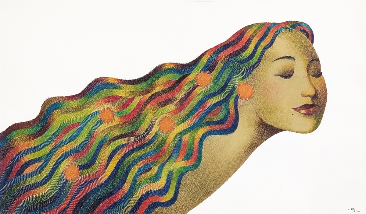 RAUL COLON - WOMAN W/ RAINBOW HAIR - WATERCOLOR & PENCIL - 22 X 18