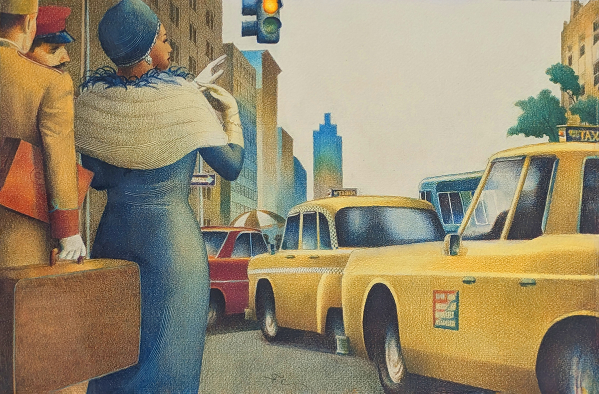 RAUL COLON - HAILING TAXI - WATERCOLOR & PENCIL - 20 X 13