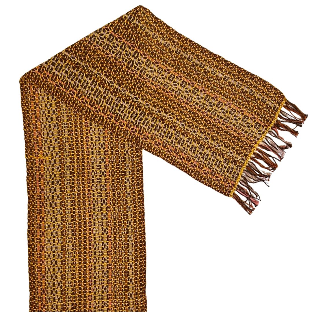 DEANNA DEEDS - LENO SCARF, WARM SERIES BROWN, RUST, YELLOW - FIBER