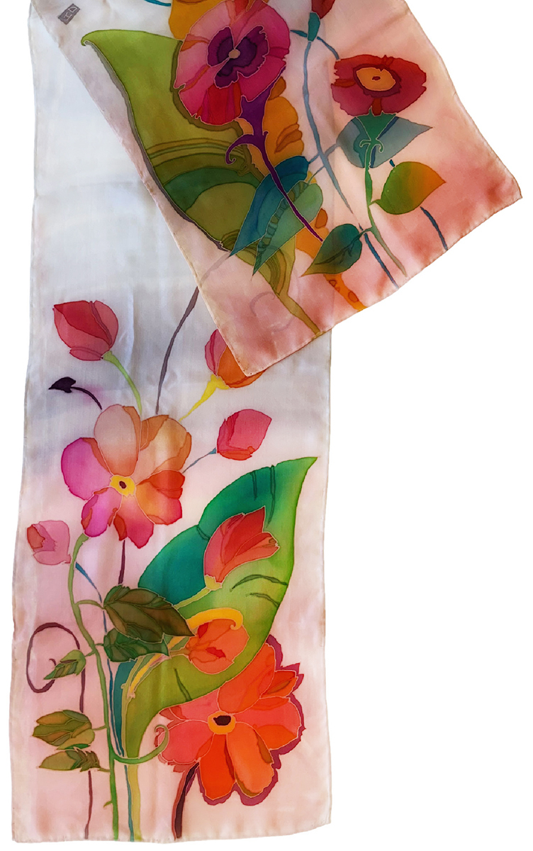 IRINA DOROFEEVA - LIGHT BLUE/GREY PEACH SILK SCARF W/ PINK & ORANGE FLOWERS - FIBER - 14" x 72"