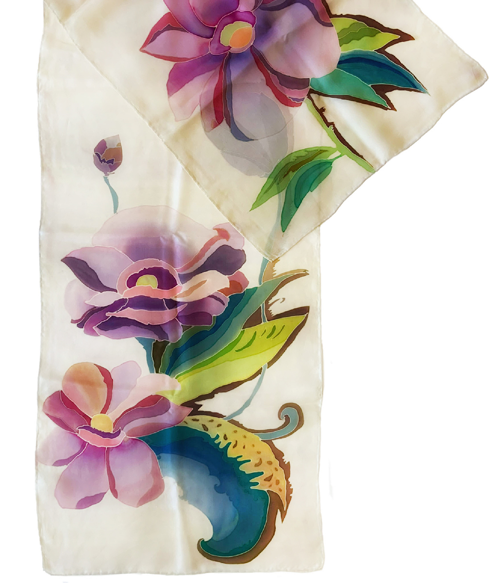 IRINA DOROFEEVA - DUSTY PURPLE FLOWERS ON CREAM SILK SCARF - FIBER - 14" x 72"