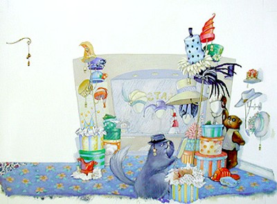 MARY NEWELL DEPALMA - TRYING ON HATS - MIXED MEDIA ON PAPER - 19 X 13