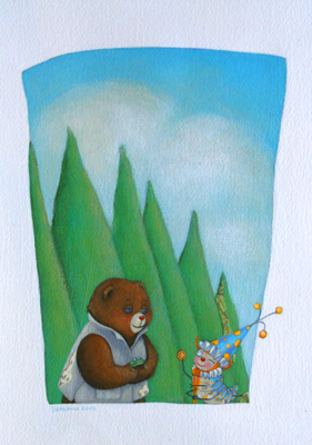 MARY NEWELL DEPALMA - BEAR W/ CLOWN WINKING - MIXED MEDIA ON PAPER - 6.5 X 8.5