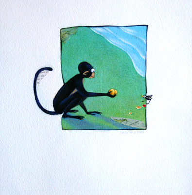 MARY NEWELL DEPALMA - MONKEY GIVING ORANGE - MIXED MEDIA ON PAPER - 6 X 5