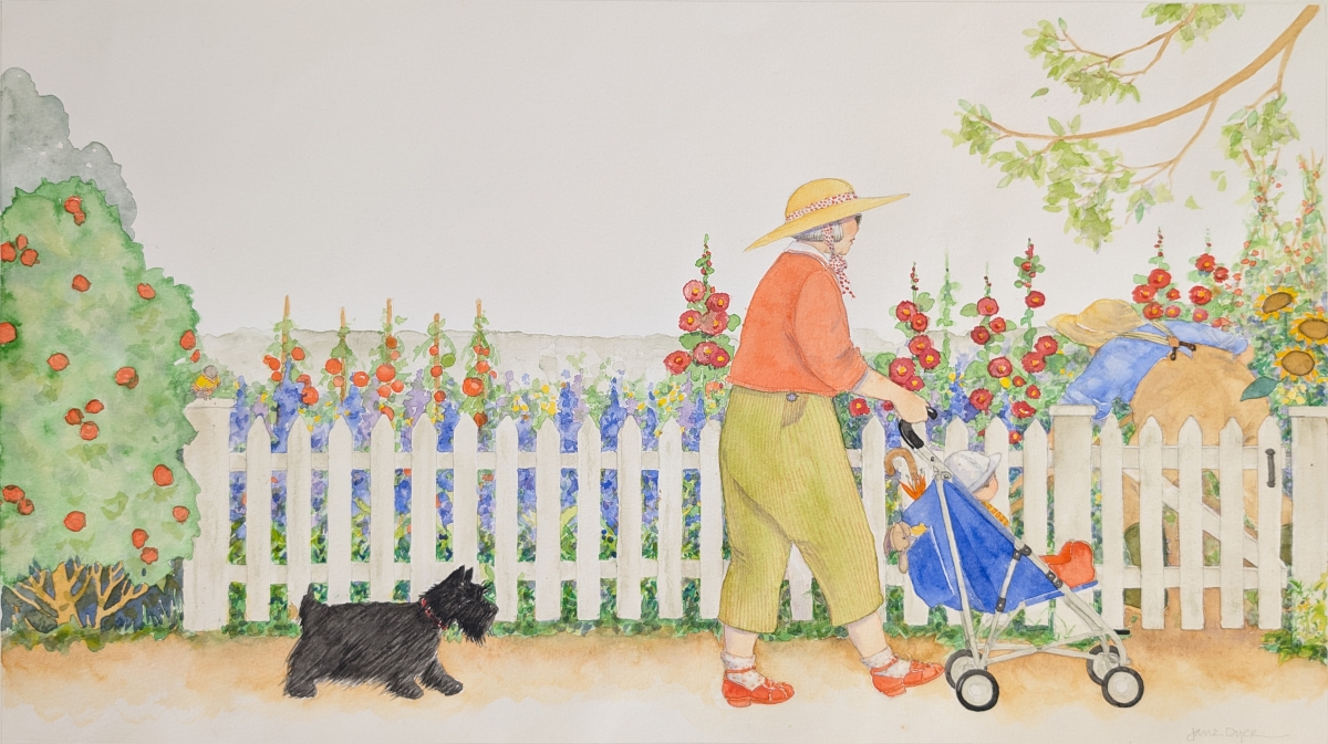 JANE DYER - WOMAN, DOG AND CHILD IN GARDEN - WATERCOLOR - 20.25 x 11.25