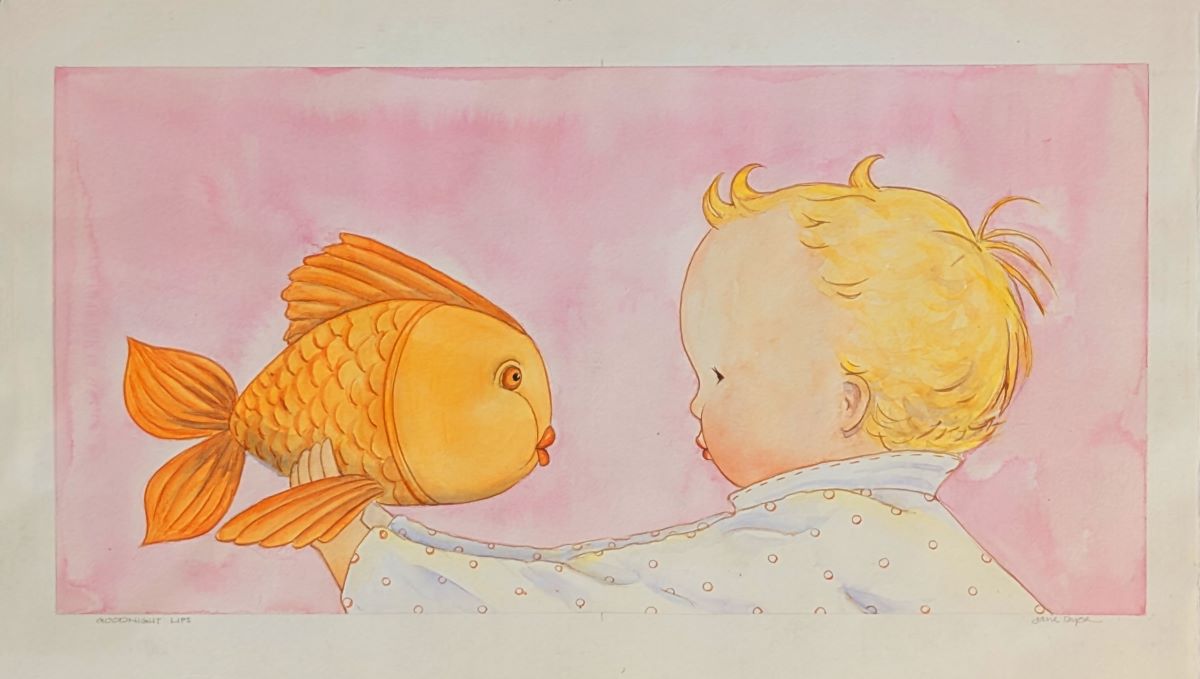 JANE DYER - GOODNIGHT LIPS, BABY AND FISH - WATERCOLOR - 20.25 x 10.25