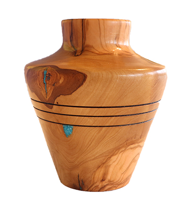 MICHAEL EVANS - OLIVE WOOD HOLLOW FORM W/ TURQUOISE - WOOD - 4.5 X 4.5 X 5