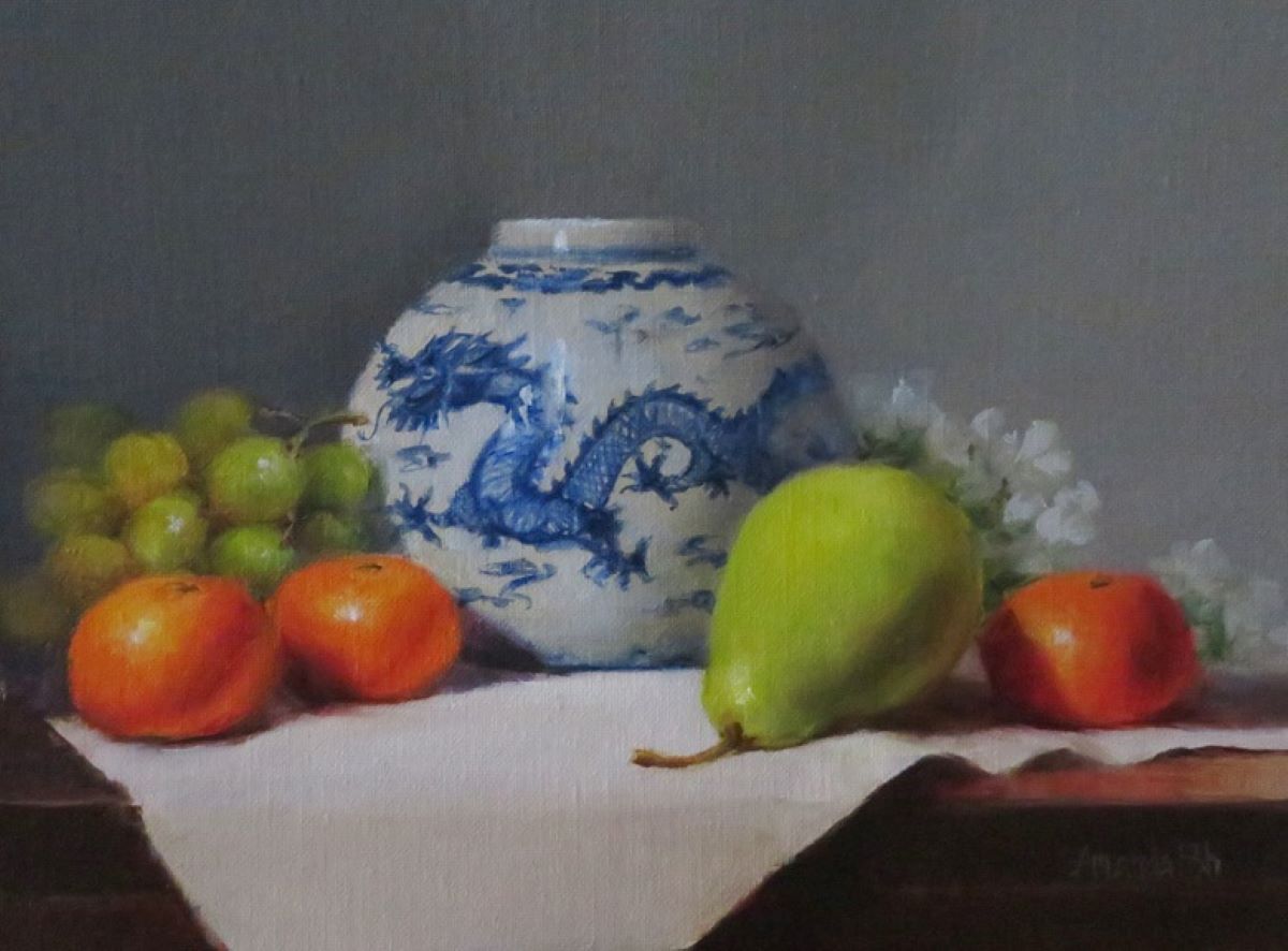 AMANDA FISH - DRAGON BOWL WITH FRUIT - OIL ON CANVAS - 9 x 12