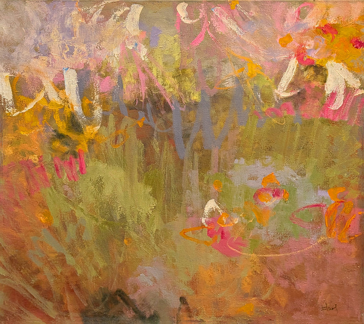 KAY FLIERL - GARDEN LYRICS 103 - PINK, GREEN, CAD YELLOW - OIL ON CANVAS - 24 X 24