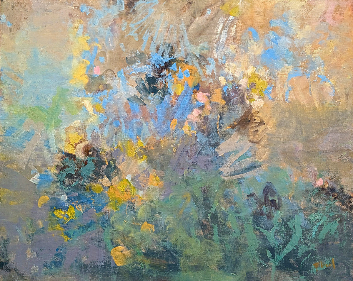 KAY FLIERL - GARDEN LYRICS 109 - TEAL, TAUPE, LIGHT BLUE - OIL ON PANEL - 30 X 24