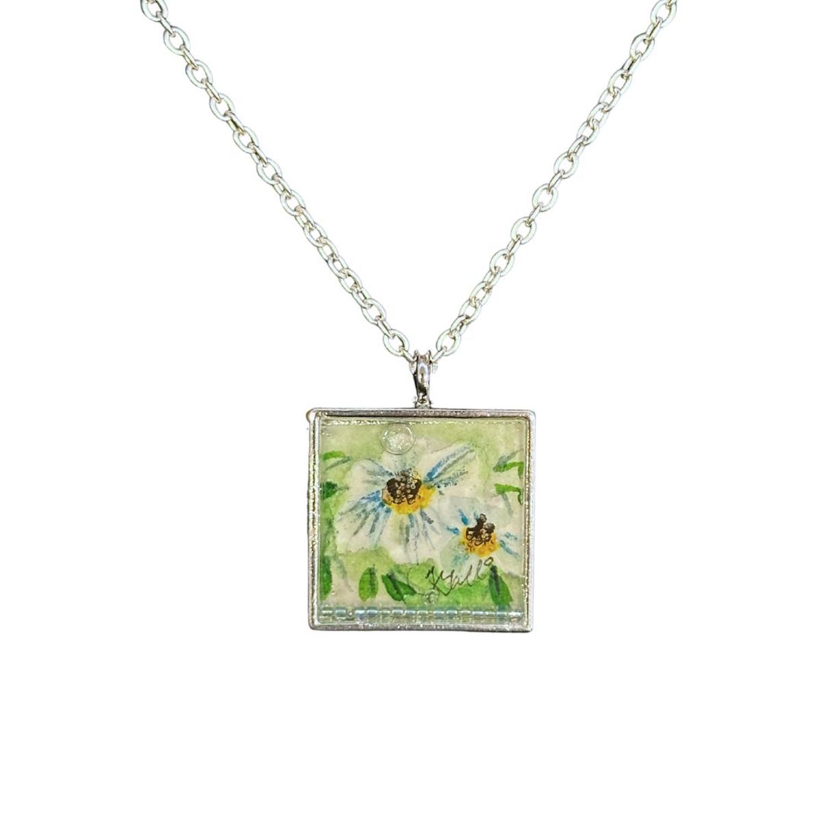 TERRI GALLO - WHITE FLORALS W/ BEADS PAINTED NECKLACE - WATERCOLOR