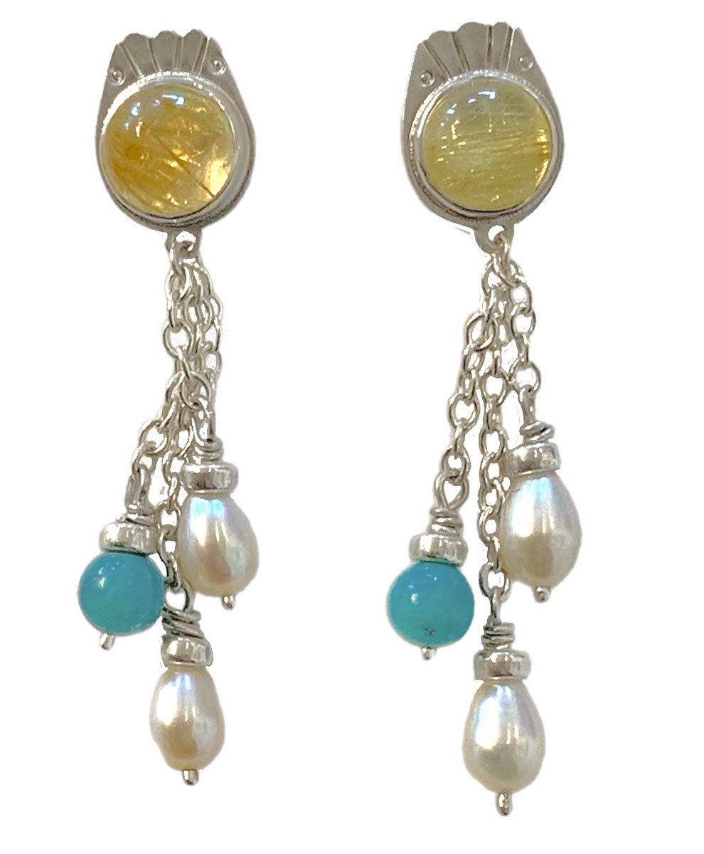 BILL GALLAGHER - STERLING SILVER DROP EARRINGS WITH RUTILATED QTZ, FRESHWATER PEARLS & TURQUOISE - STERLING & GEMSTONE