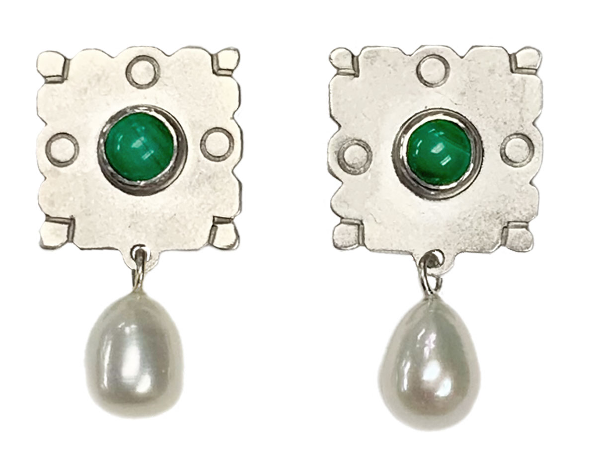 BILL GALLAGHER - SQUARE MALACHITE & PEARL EARRINGS - STERLING & GEMSTONE