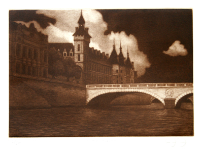 JAMES GROLEAU - PONT AU CHANGE - MEZZOTINT - 15 X 11.5