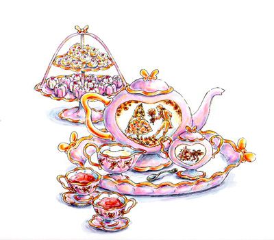 ROBIN PREISS GLASSER - TEA SET - PEN, INK & WATERCOLOR - 9 X 9