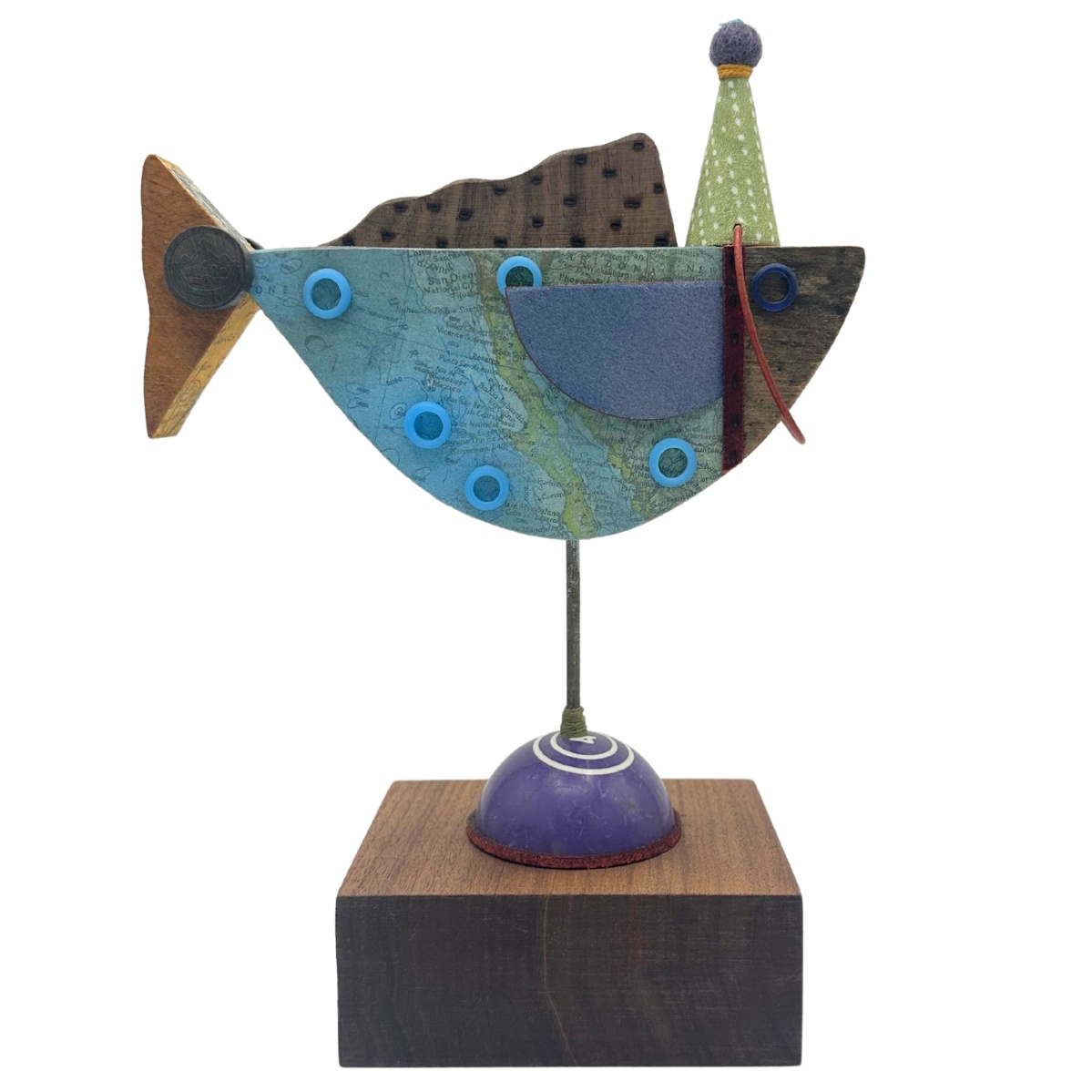 BRIDGET HOFF - FISH SCULPTURE W/ LIGHT BLUE BUTTONS - MIXED MEDIA - 7.5 X 10.5 X 3.75