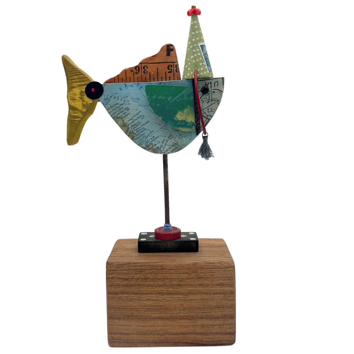 BRIDGET HOFF - FISH SCULPTURE W/ FLOWER TASSLE HAT - MIXED MEDIA - 4 X 10.5 X 4