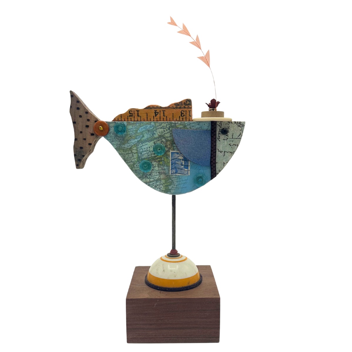 BRIDGET HOFF - FISH SCULPTURE W/ HAT & FEATHER - MIXED MEDIA - 7 X 11.5 X 3.5