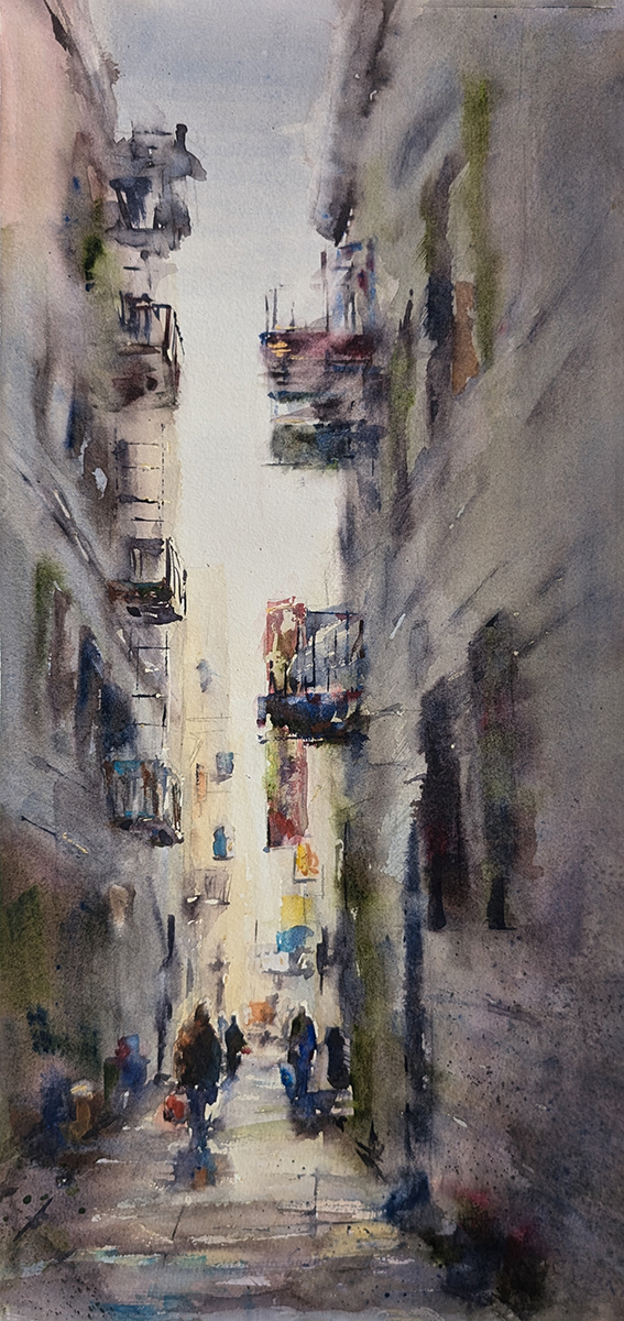 JULIE HILL - CHINATOWN ALLEY - WATERCOLOR - 10 X 20