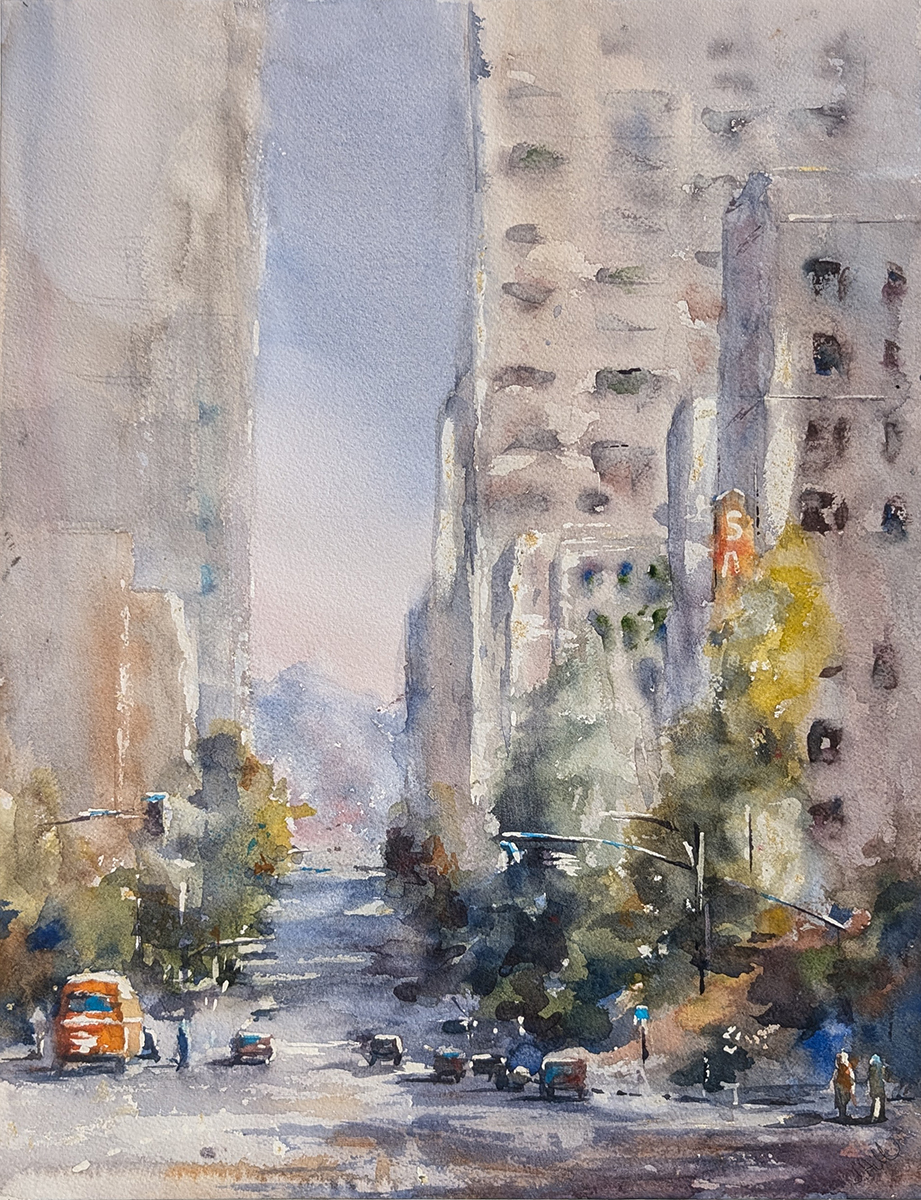 JULIE HILL - LOOKING UP GRAND AVE - WATERCOLOR - 12 X 16