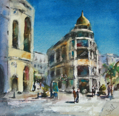 JULIE HILL - MORNING ON RODEO DRIVE - WATERCOLOR - 6 X 6