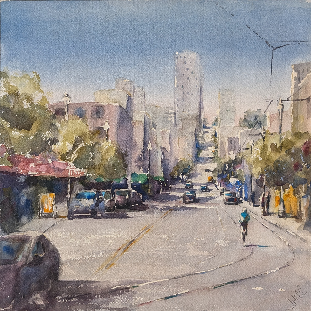 JULIE HILL - SAN FRANCISCO, RIDING THROUGH THE WHARF - WATERCOLOR - 12 X 12