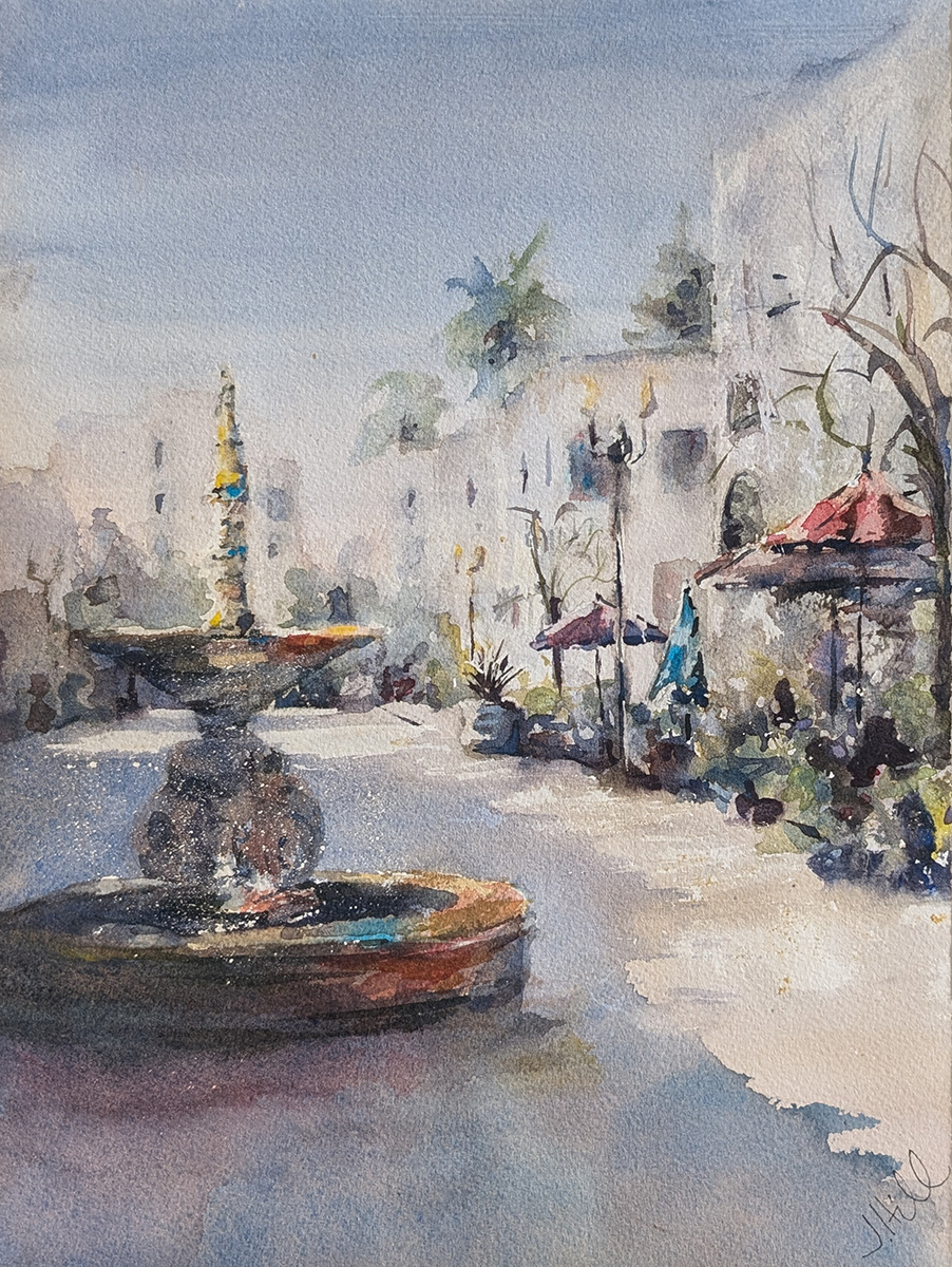 JULIE HILL - SANTA ANA FOUNTAIN - WATERCOLOR - 9 X 12