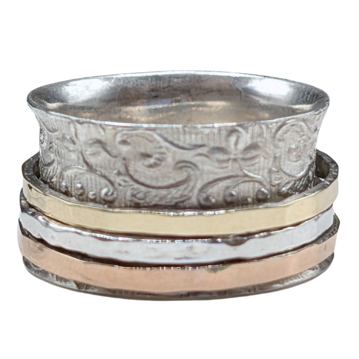ITHIL METALWORKS - EMBOSSED STERLING MULTI METAL SPINNER RING - STERLING SILVER