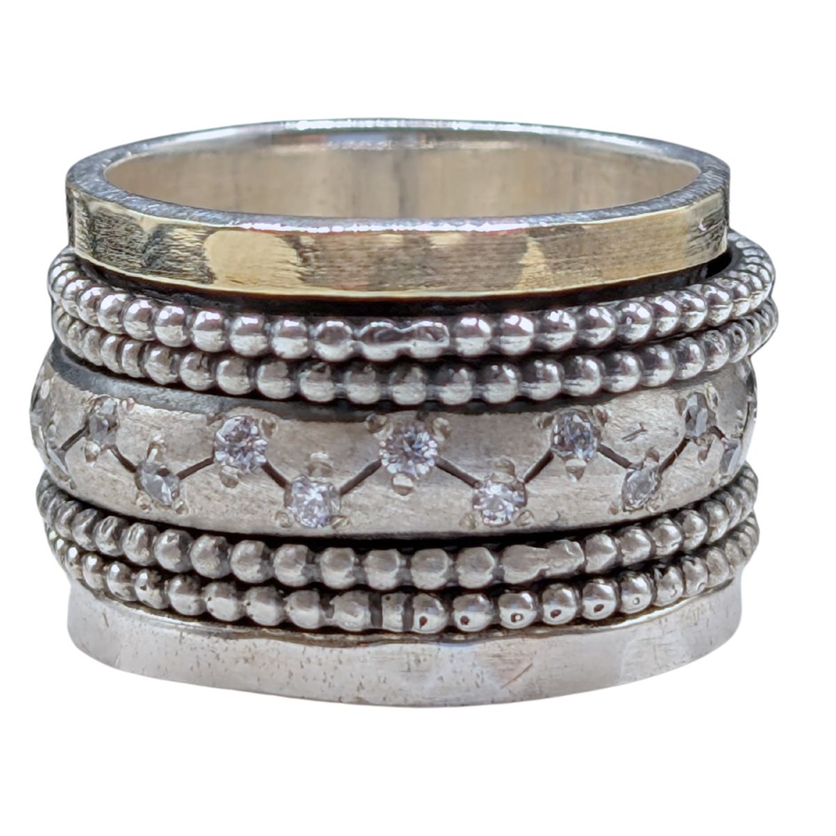 ITHIL METALWORKS - STERLING & 9K GOLD CZ SPINNER RING - STERLING SILVER