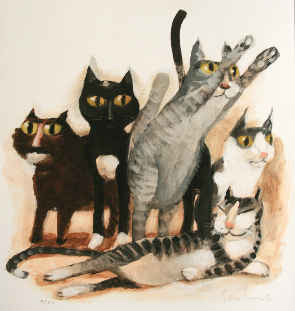 STACY INNERST - FIVE CATS - DIGITAL PRINT - 13 X 13.5